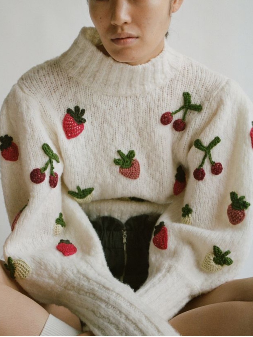 Sea New York 3D Fruit Wool Blend Mock Sweater Ivory Cropped Balloon Sleeves-S